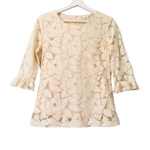 Tulle Elegant Sleeves 3/4 Crew Neck Cream Lace Top M
